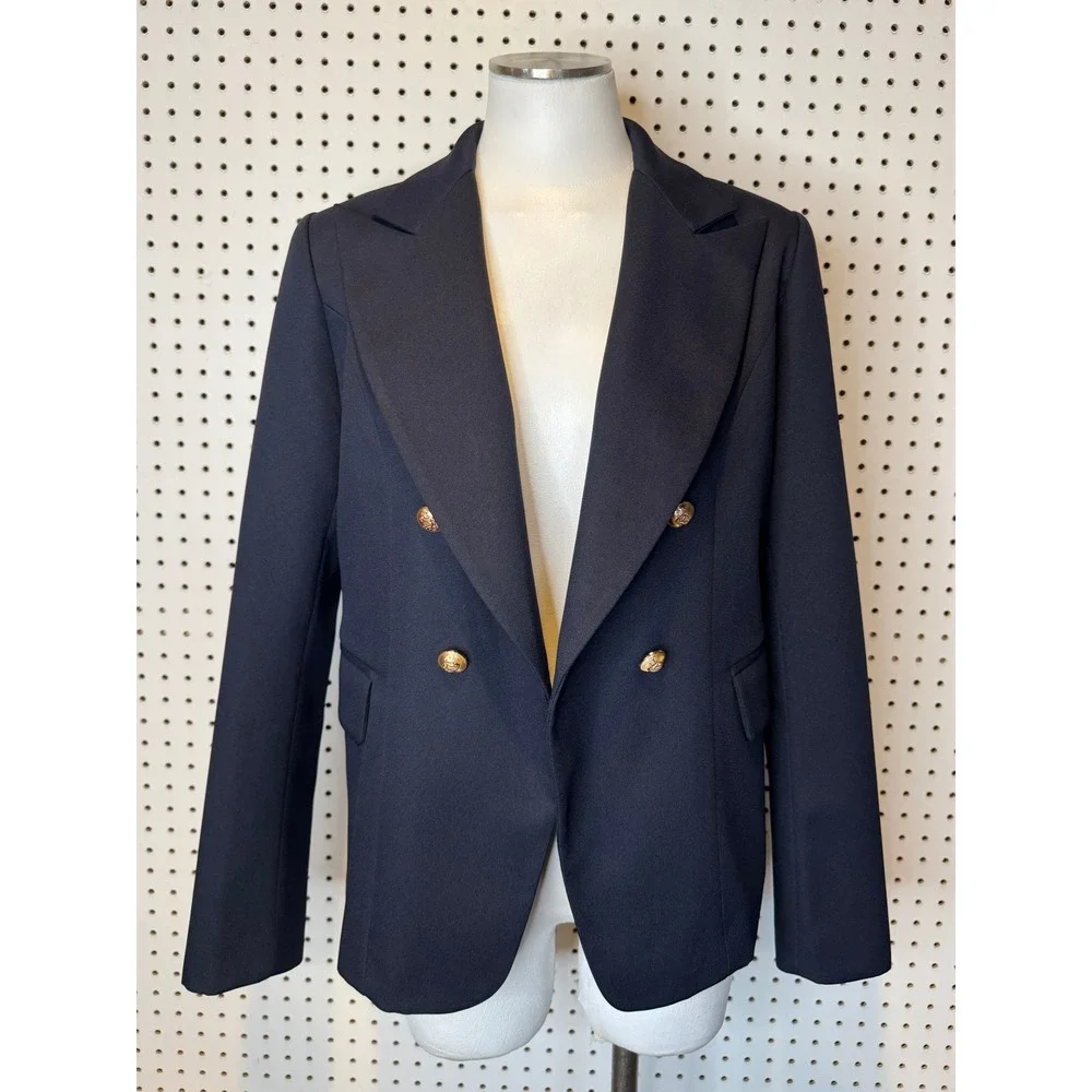 Lioness | Navy Blue Palermo Blazer Gold Crest Button Double Breasted Jacket Sz.M